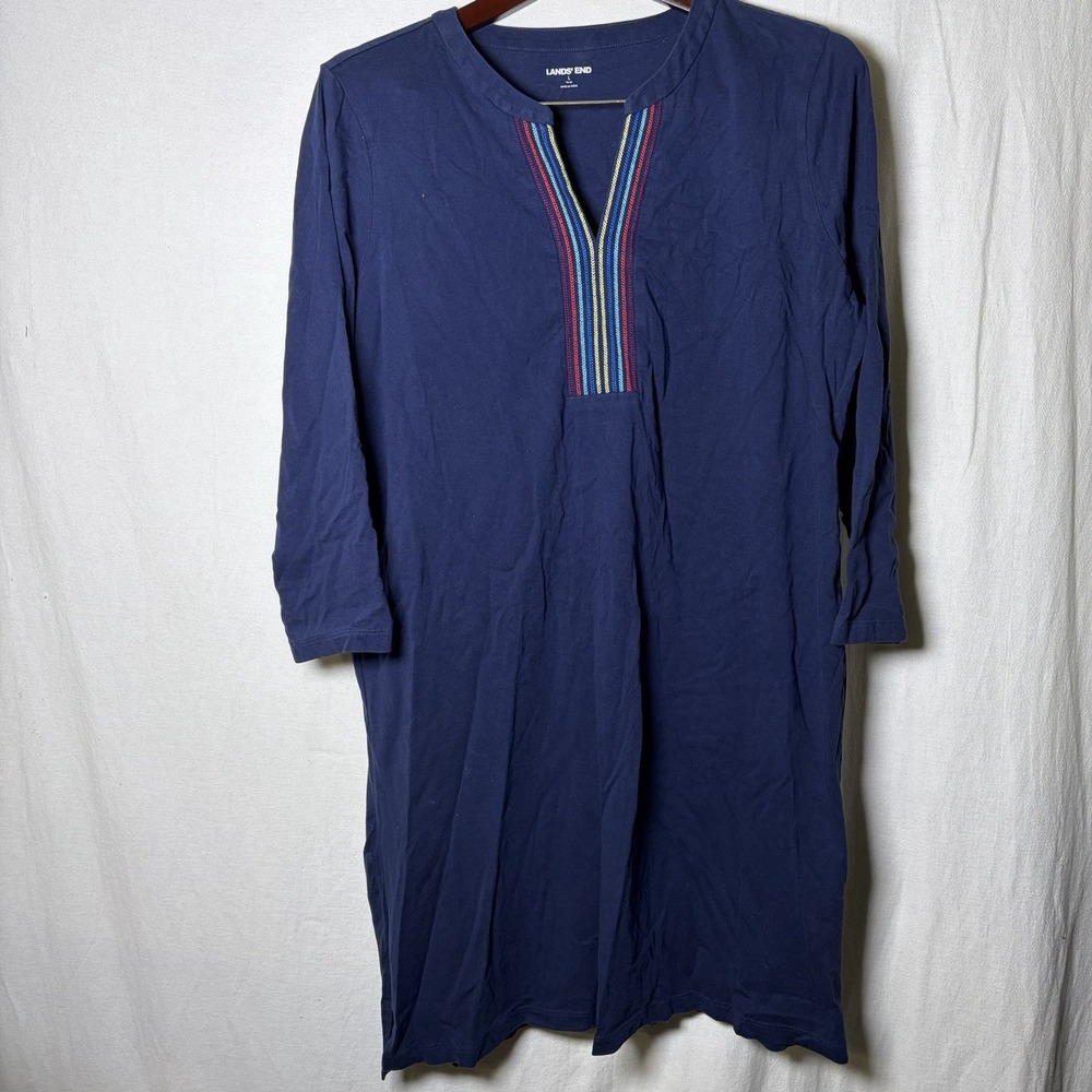 Lands End Rainbow Trim Navy Tunic Quarter Sleeve Mini Dress Womens Large 14-16